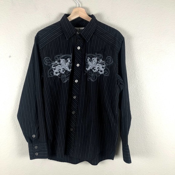 𝅺source DNM Shirt Black Gray Striped Embroidered Graphic Button Up Size Large - Picture 1 of 12